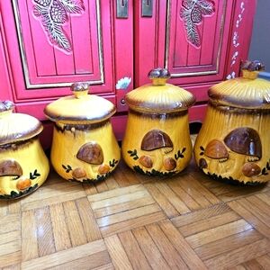 4 Vintage Glazed Drip Ceramic Mushroom Canister Jar